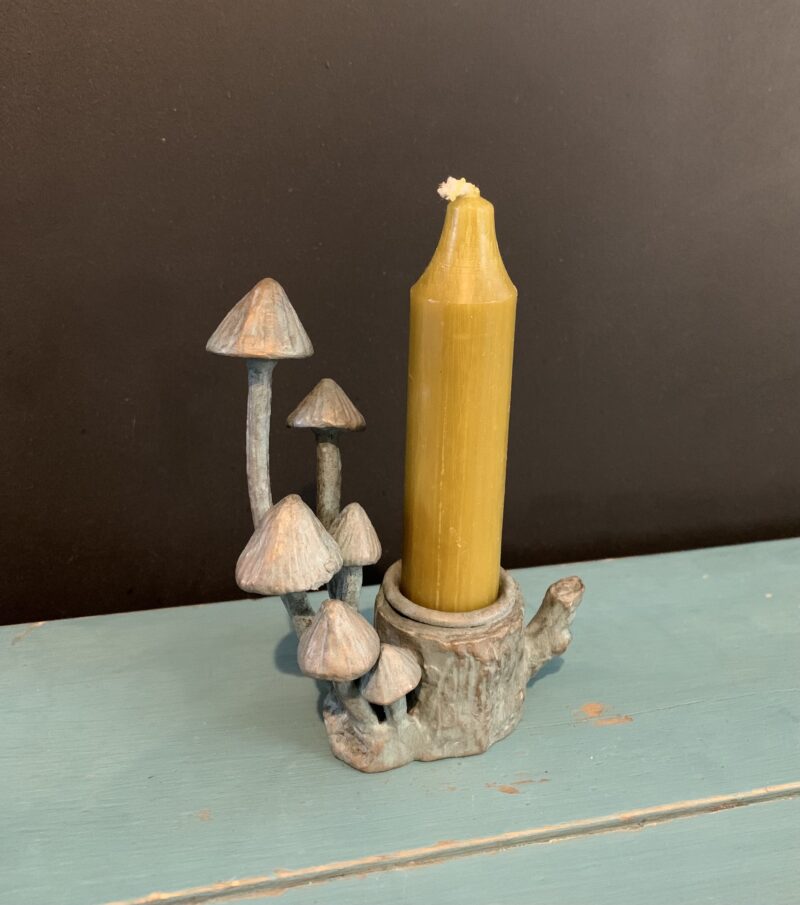 Mushroom Candle Holder with Candle - Pewter Effect